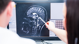 Two professionals examining a brain scan