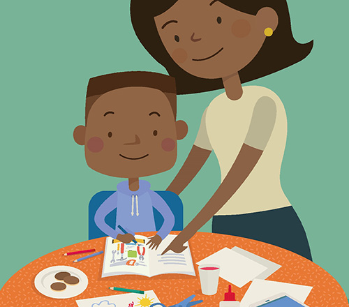 Illustration of a mum helping her son with activities in our workbook