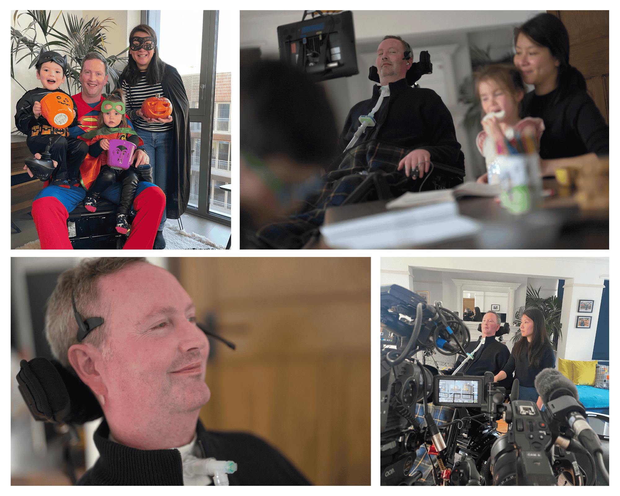 Photo collage of Eoin, his wife Jenny and their children including behind the scenes during BBC Lifeline filming