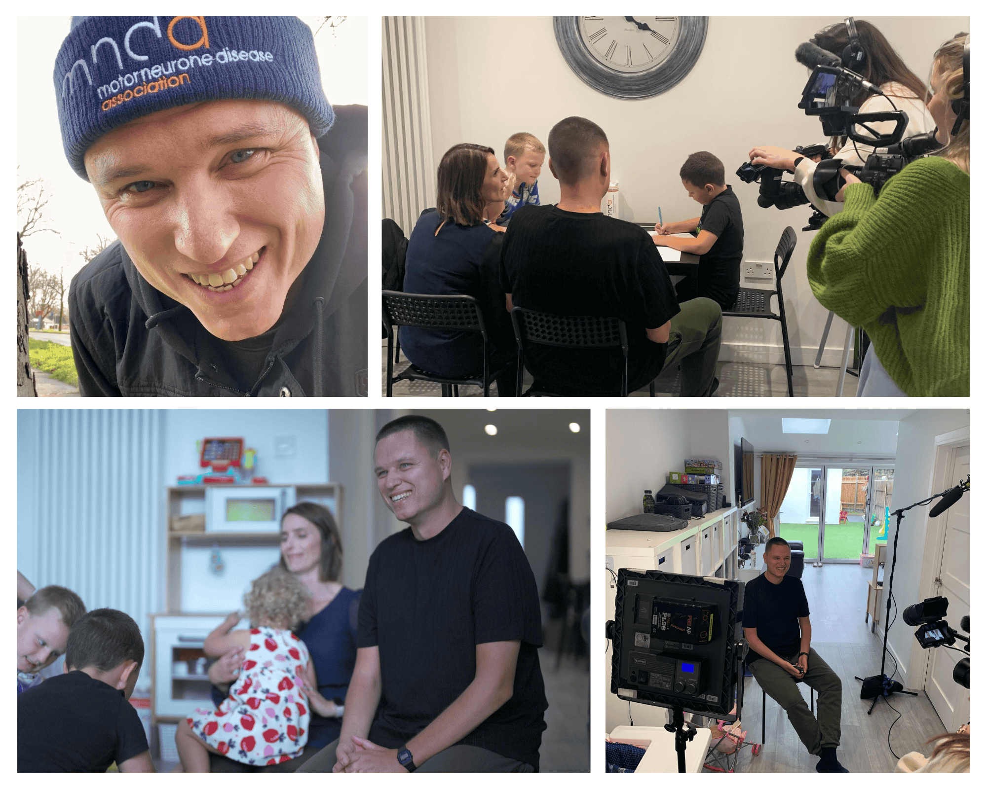 Photo collage of James, his wife Carly, and their children including behind the scenes during BBC Lifeline filming