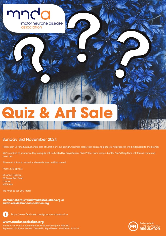 Poster of North West London Quiz and Art sale sunday 3rd November at 2.30pm 