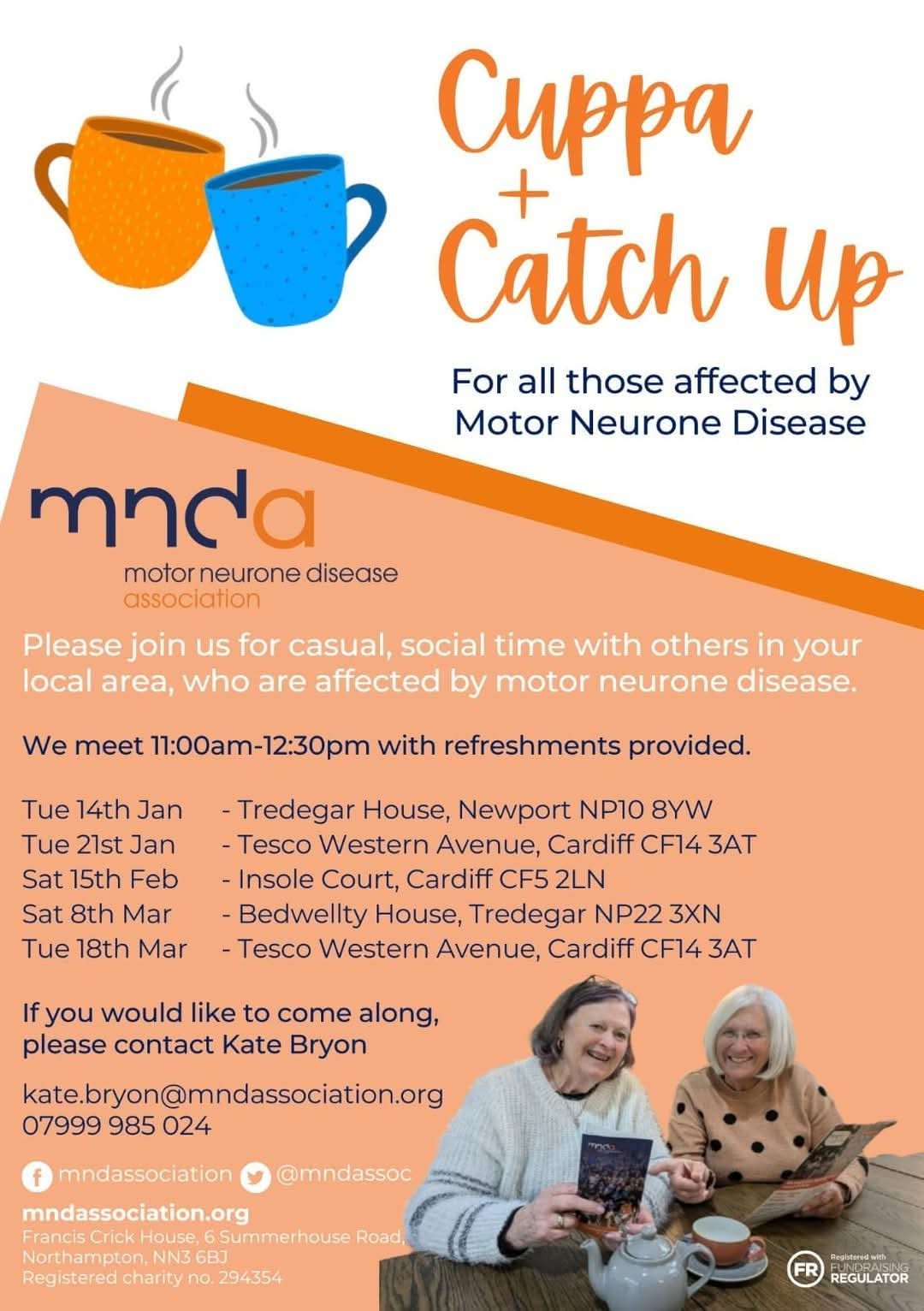 Poster showing the dates of the Cardiff Cuppa and Catch Up sessions January to March 25 including a picture of two women smiling 