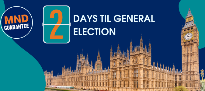 Graphic with an image of Parliament that reads: MND Guarantee. 2 days til general election. 