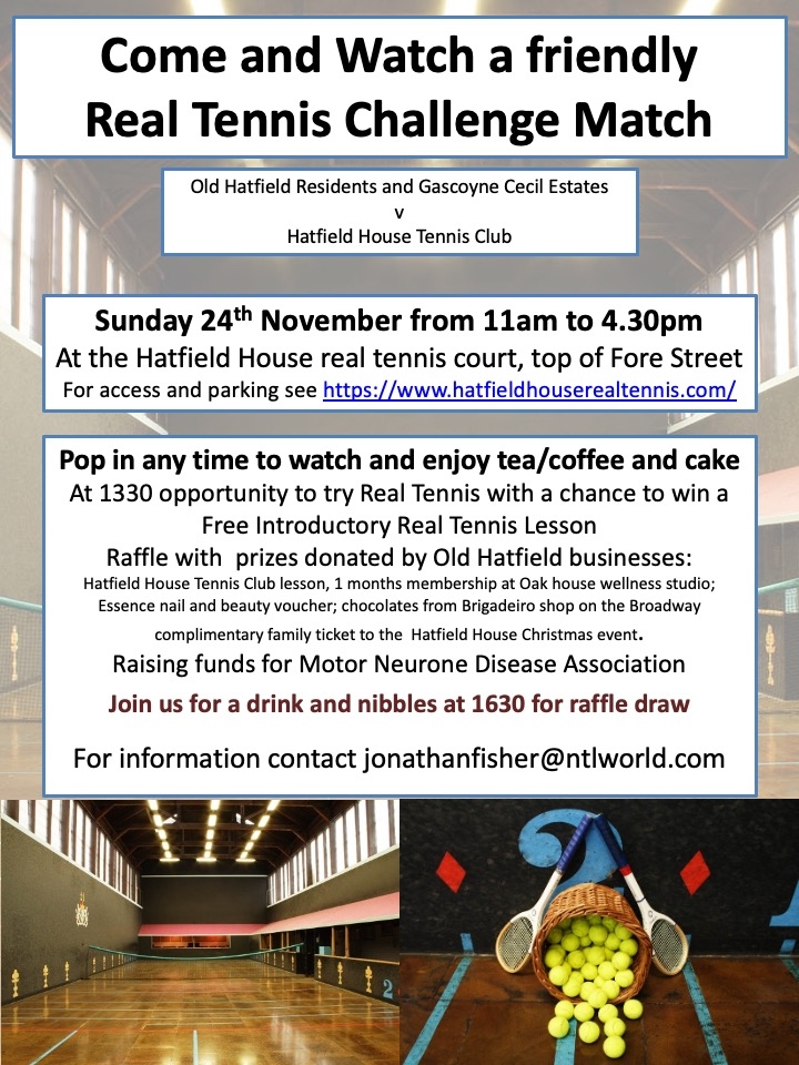 A flyer detailing the information of the real tennis fundraiser