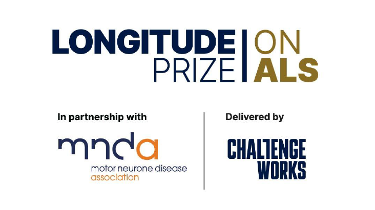 Lockup logo of the Longitude Prize on ALS, featuring the Longitude Prize on ALS logo, in partnership with the MND Association (logo) and delivered by Challenge Works (logo).